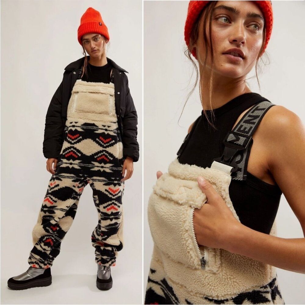 FREE PEOPLE Hit The Slopes Overalls Salopette Size Small Black Fair Isle Fleece - Picture 4 of 10